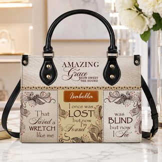 Custom Amazing Grace leather bag for women featuring the name Isabella and faith inspired inspirational quotes.