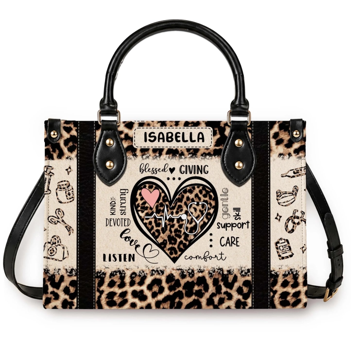 Personalized leopard print nurse tote bag featuring stethoscope heart medical icons and the custom name Isabella for nursing school gifts.