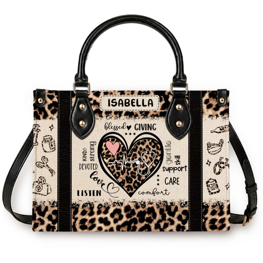 Personalized leopard print nurse tote bag featuring stethoscope heart medical icons and the custom name Isabella for nursing school gifts.
