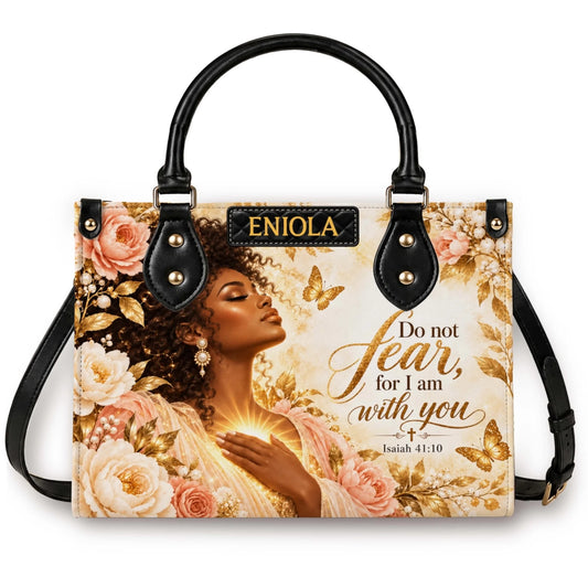 Isaiah 41:10 Do Not Fear faith handbag with personalized name, Black woman portrait, butterflies and soft floral design.