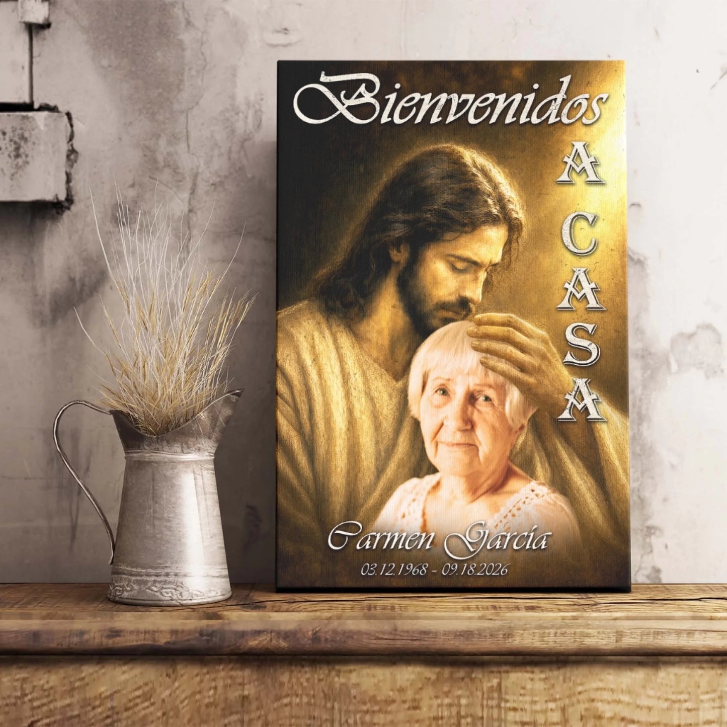 Beautiful personalized memorial canvas with a photo of your loved one held by Jesus for comfort and remembrance.
