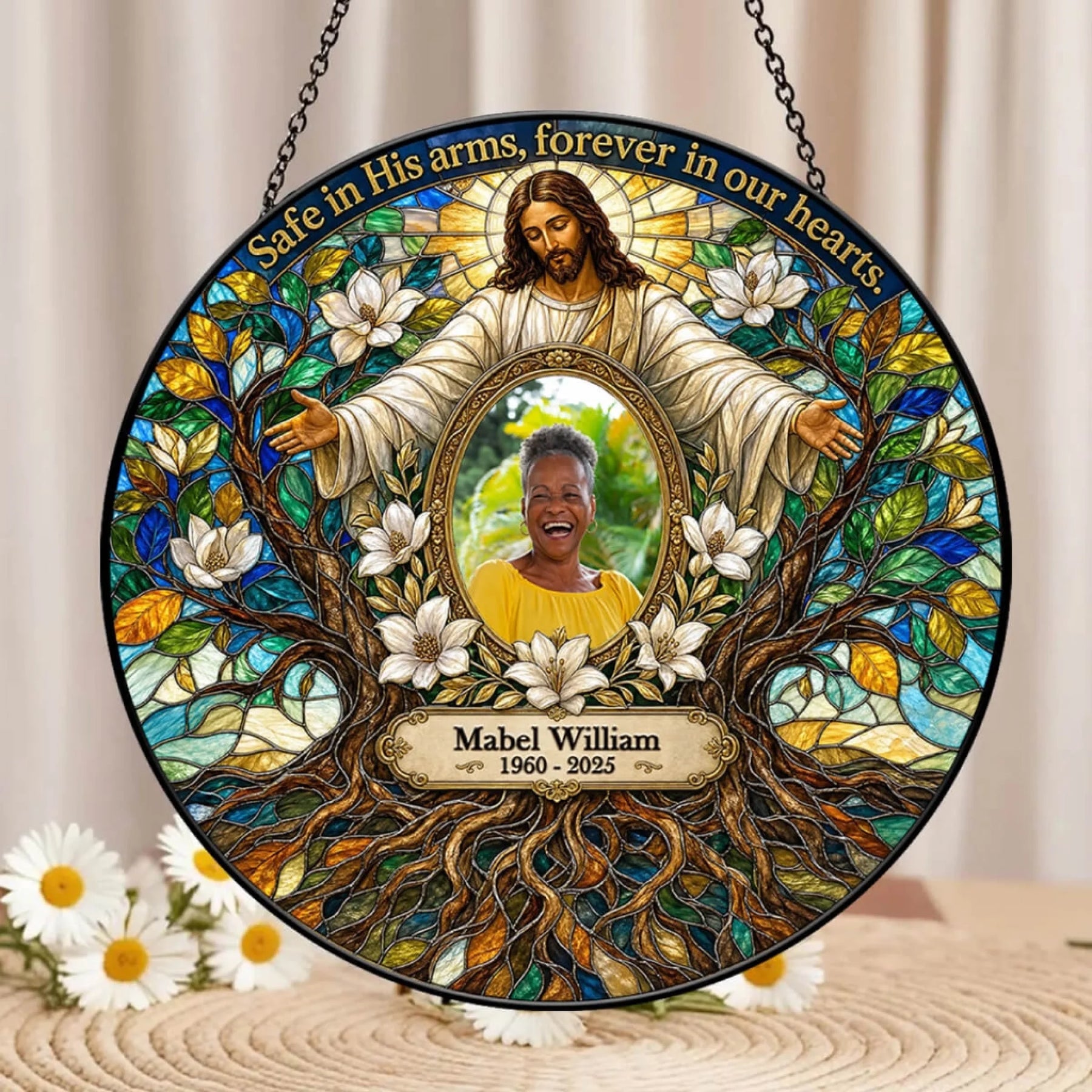 Custom memorial stained glass suncatcher with Jesus illustration, a photo of Mabel William, and 1960 2025 dates