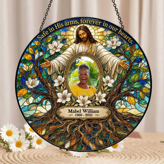 Custom memorial stained glass suncatcher with Jesus illustration, a photo of Mabel William, and 1960 2025 dates
