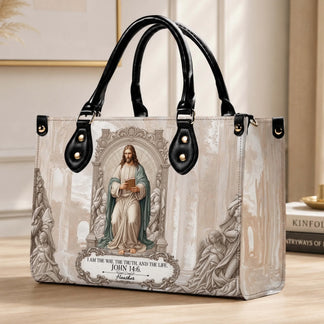 Personalized religious handbag featuring Jesus Christ with the Bible verse John 14 6 and a custom name for a faithful gift.