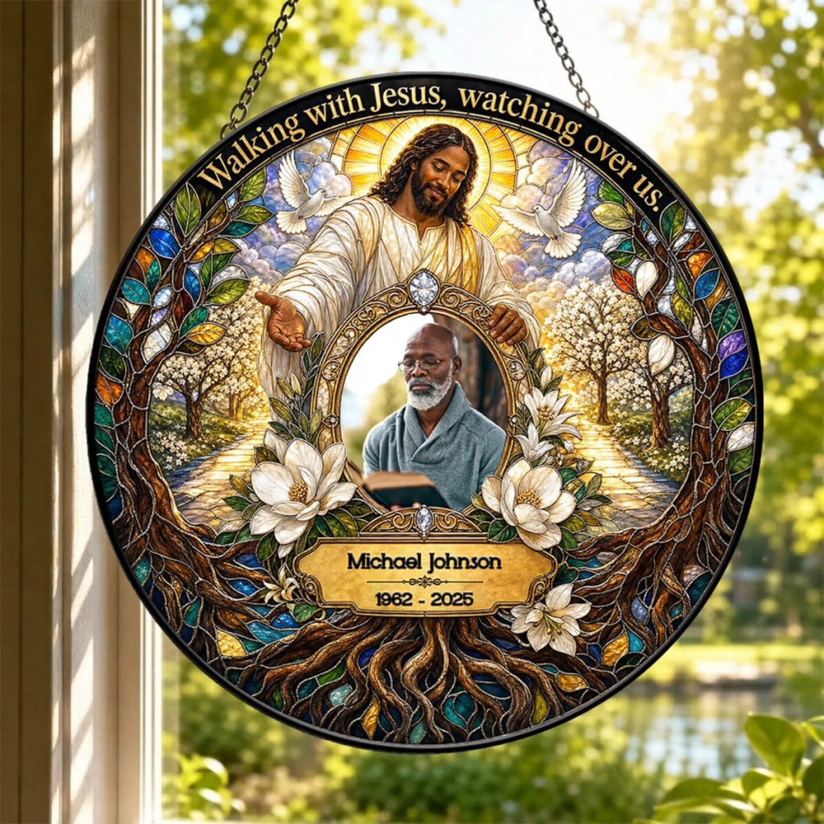 Round hanging suncatcher memorial gift featuring Jesus, a personalized photo of a man, and the quote Walking with Jesus.