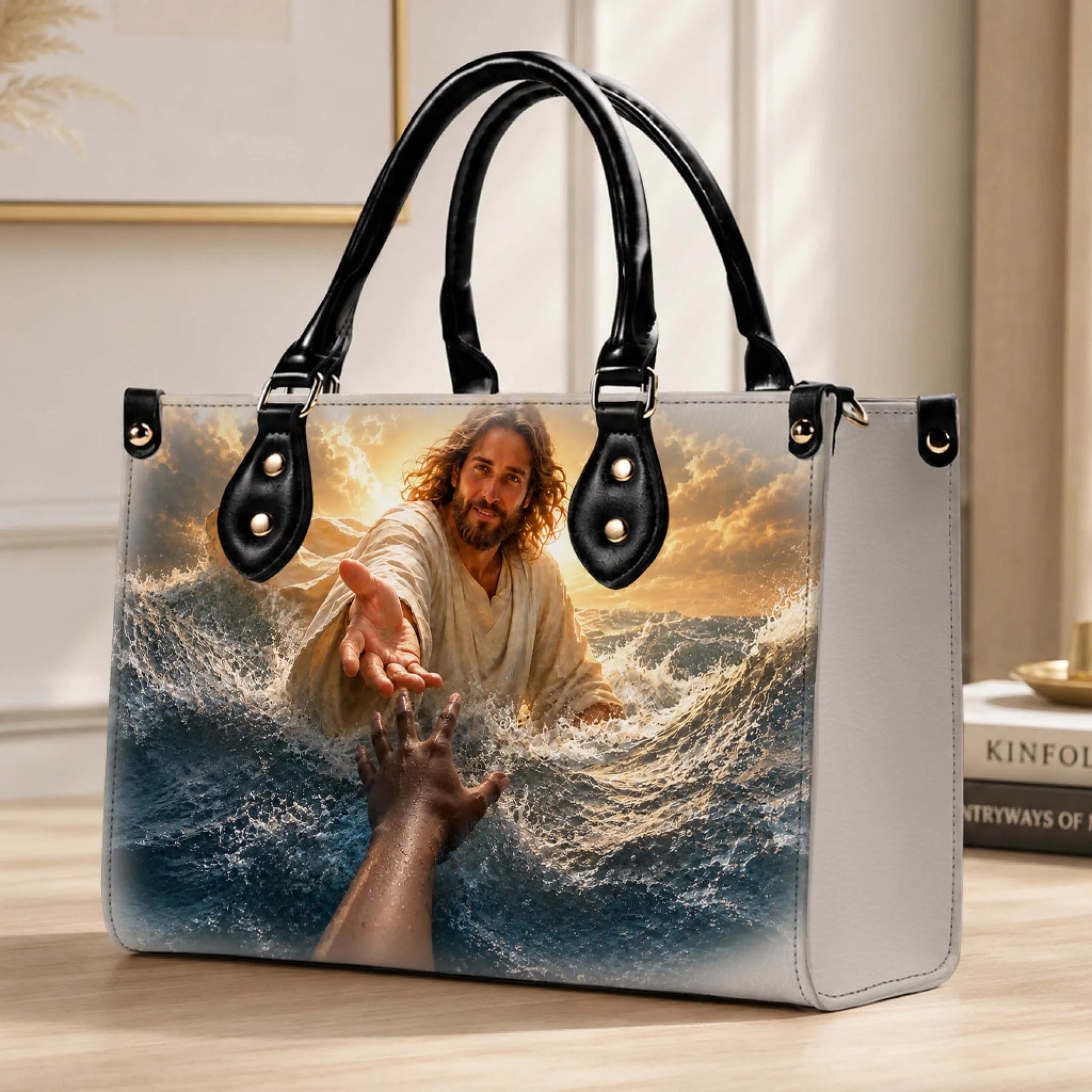 A stylish PU leather handbag featuring a religious print of Jesus reaching out a hand to save someone in the ocean.