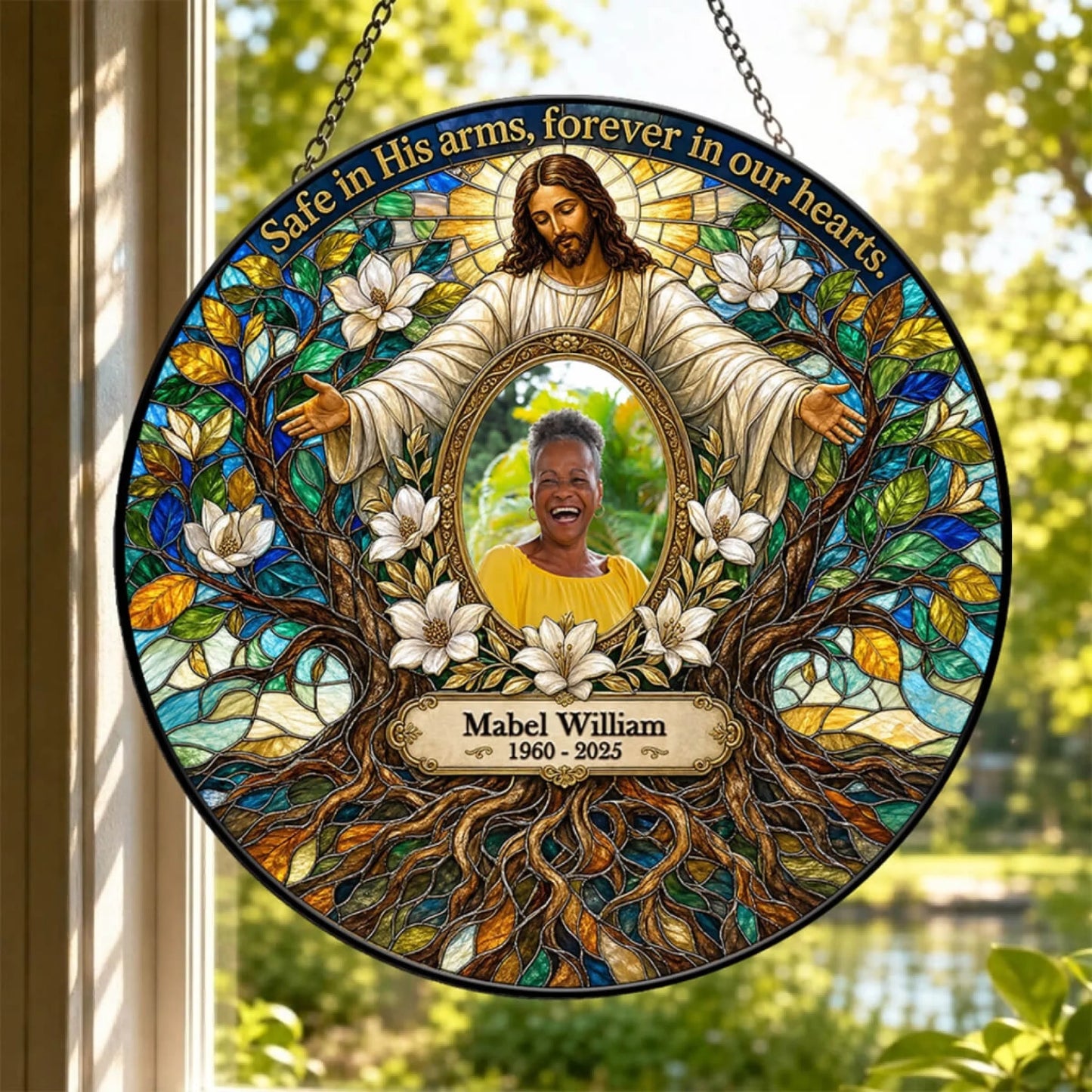 Personalized memorial suncatcher with a stained glass tree of life, featuring a custom photo and commemorative text.