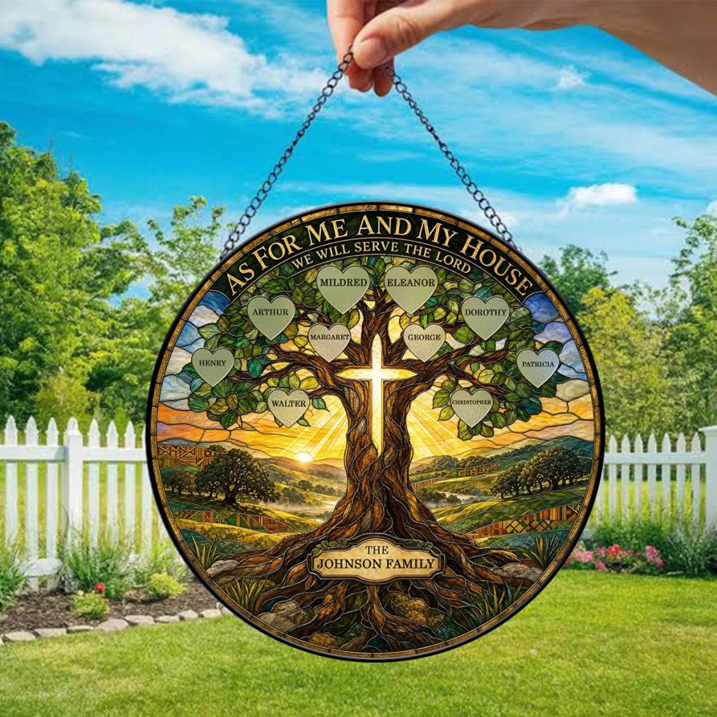 Decorative stained glass suncatcher with a cross and custom family names, a perfect religious housewarming or memorial gift.
