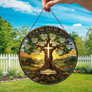 Decorative stained glass suncatcher with a cross and custom family names, a perfect religious housewarming or memorial gift.
