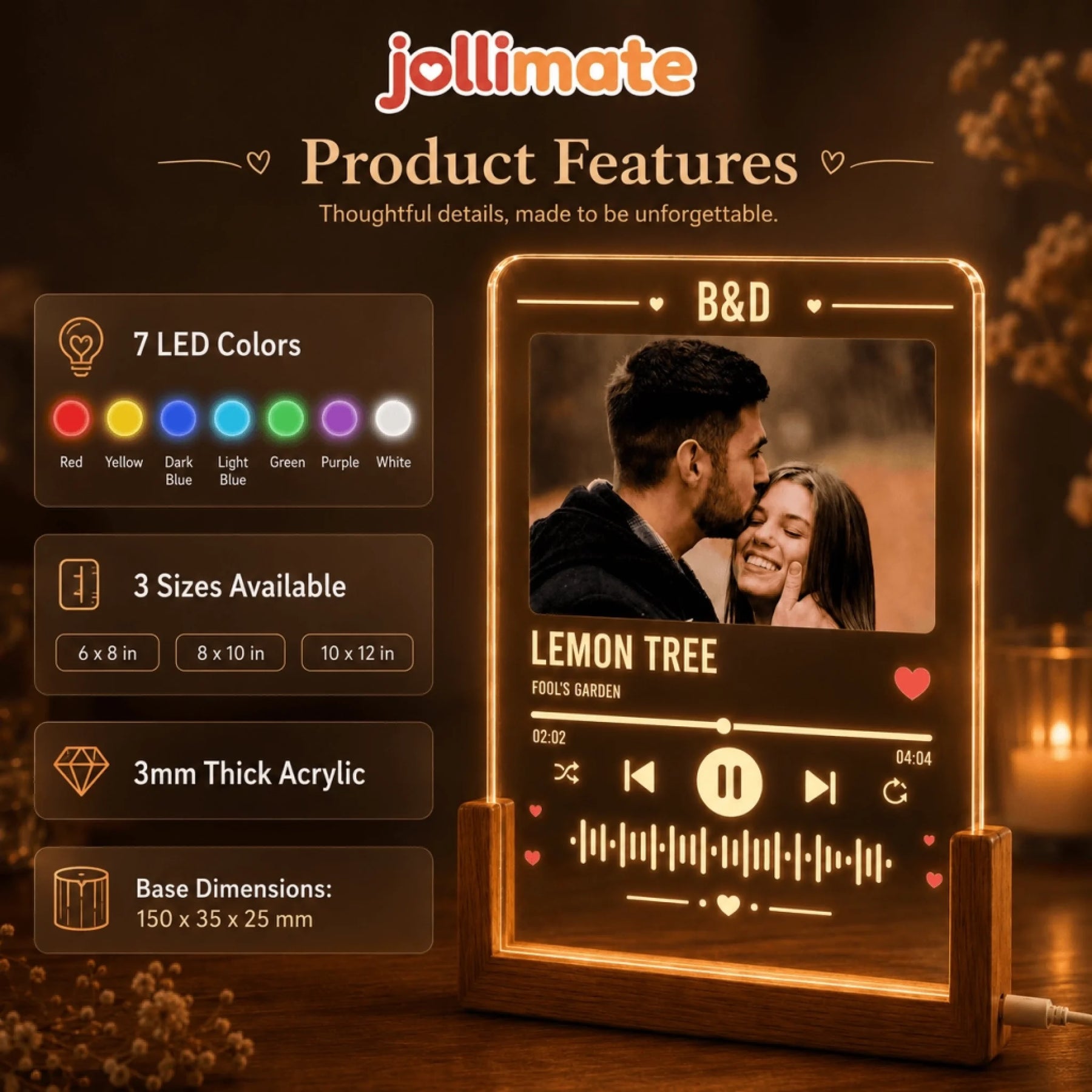 Infographic showing features of the custom music plaque including 7 LED colors, 3 sizes, and dimensions.