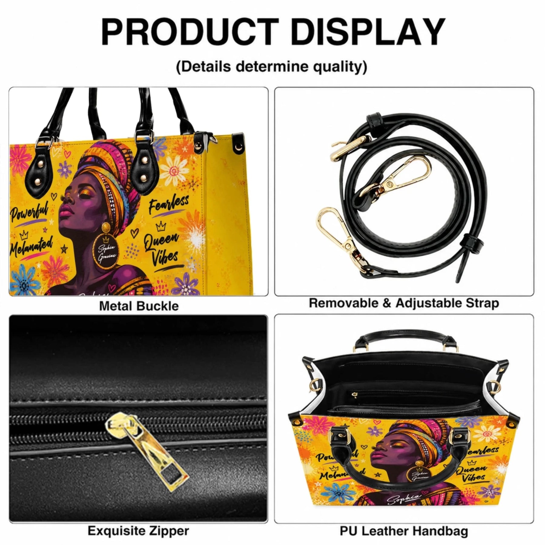Product display of a personalized black queen handbag showing metal buckles, adjustable straps, zipper details, and leather material.
