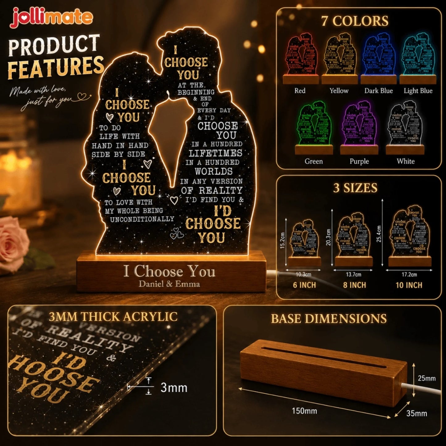 Product features for personalized couple night light showing color options sizes and materials for custom gifts.