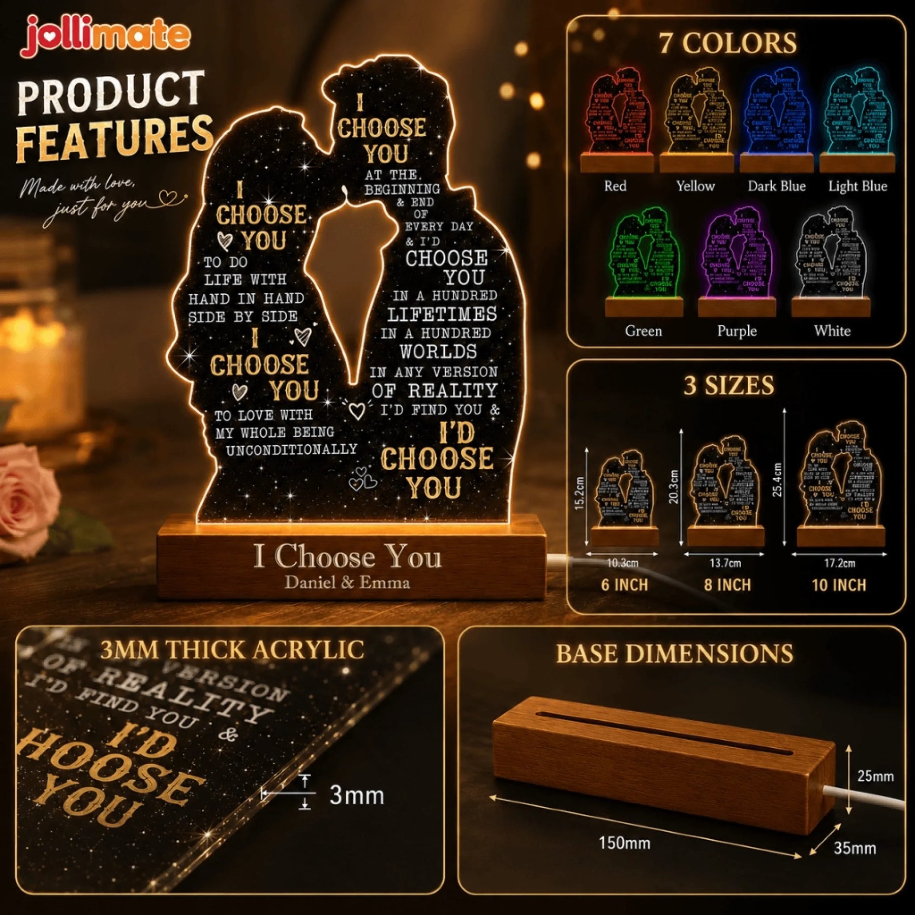 Product features for personalized couple night light showing color options sizes and materials for custom gifts.