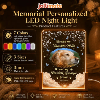 Infographic showing features of the personalized LED memorial night light including size, color options, and acrylic.
