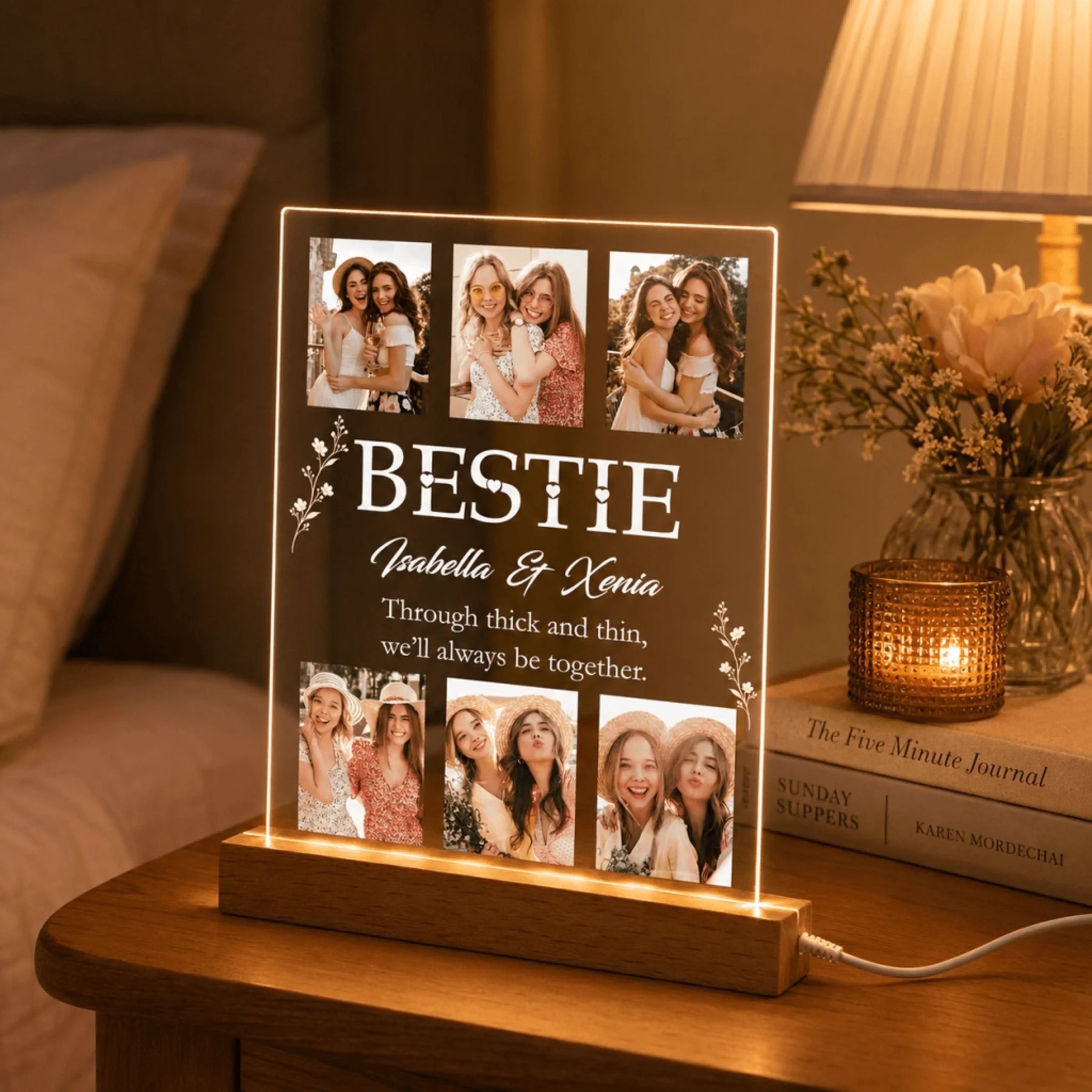 Custom acrylic photo plaque with warm LED lighting featuring best friend portraits and heartfelt personalized text.