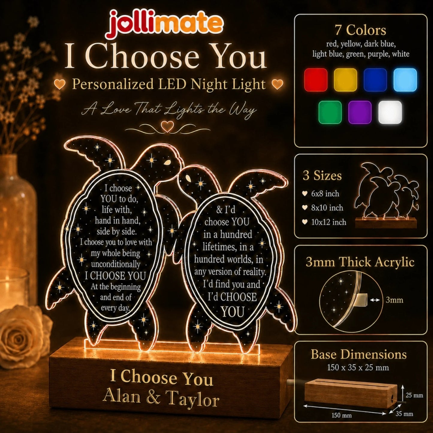 Product features of a personalized turtle LED night light including size options, color modes, and base dimensions.