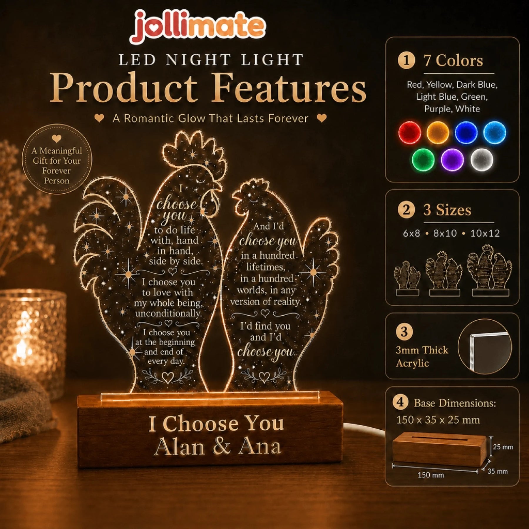 Jollimate personalized rooster LED night light product features showing color settings, size options, and dimensions.