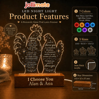 Jollimate personalized rooster LED night light product features showing color settings, size options, and dimensions.