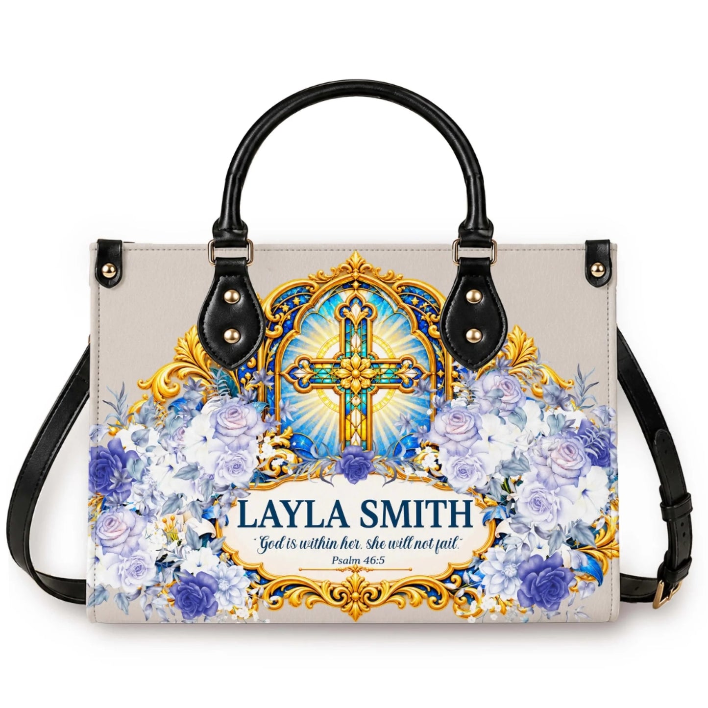 Personalized handbag for Layla Smith featuring a gold cross, blue floral design, and the quote God is within her.