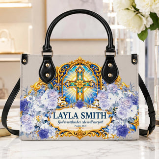 Custom handbag for Layla Smith with a gold cross, floral accents, and Psalm 46:5 scripture for a meaningful gift.