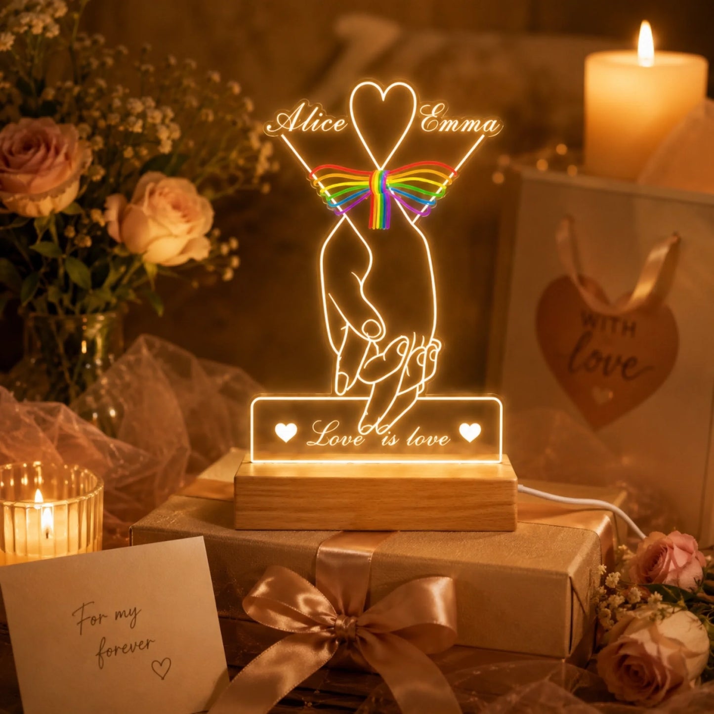 Decorative LED lamp with 'Alice & Emma' and rainbow heart design, surrounded by flowers and candles.
