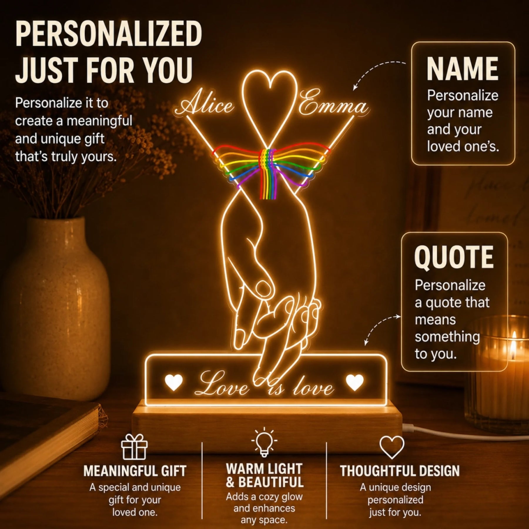 Personalized light display with hands holding a rainbow heart, suitable for romantic gifts.