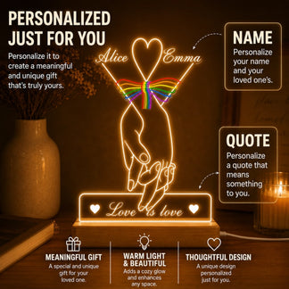 Personalized light display with hands holding a rainbow heart, suitable for romantic gifts.