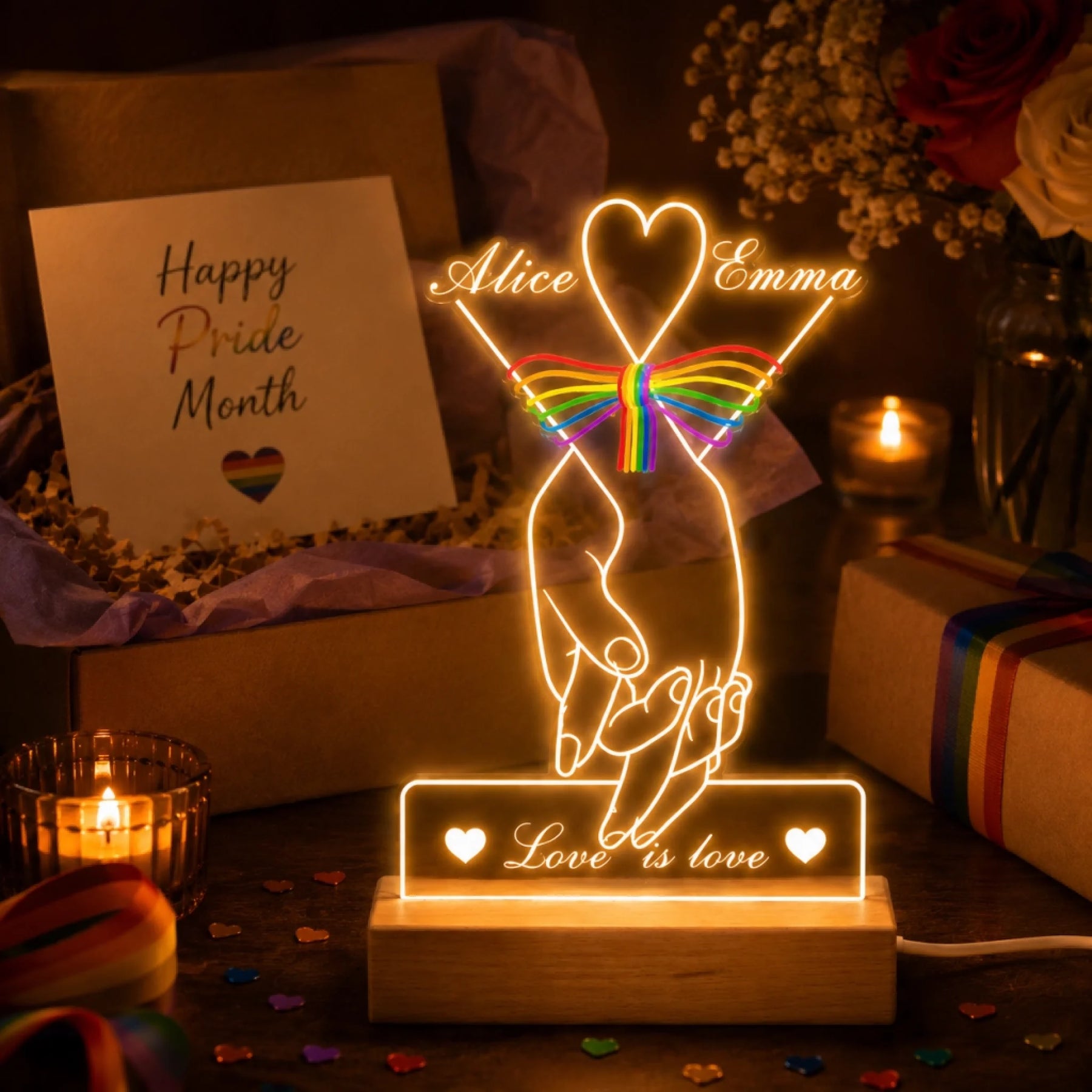Decorative LED lamp with 'Love is love' message and 'Happy Pride Month' card in a romantic setting.