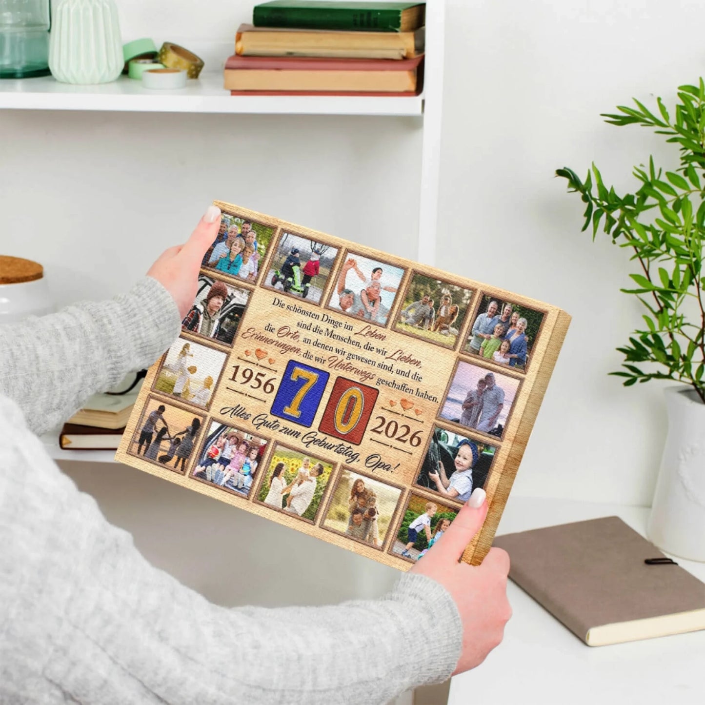 Individuelle Fotocollage für den 70. Geburtstag für Opa mit zwölf Familienfotos, den Jahreszahlen 1956 bis 2026 und einem persönlichen Spruch.