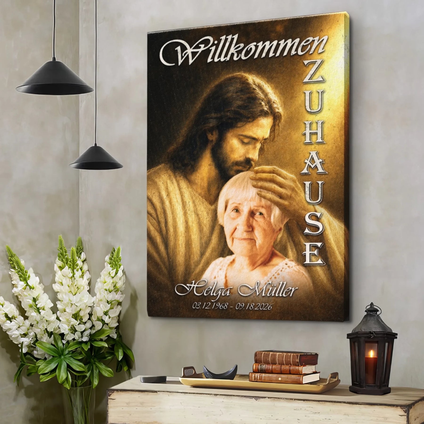 Personalisierte Leinwand Willkommen Zuhause als Gedenkgeschenk mit dem Namen Helga Mueller und Lebensdaten.