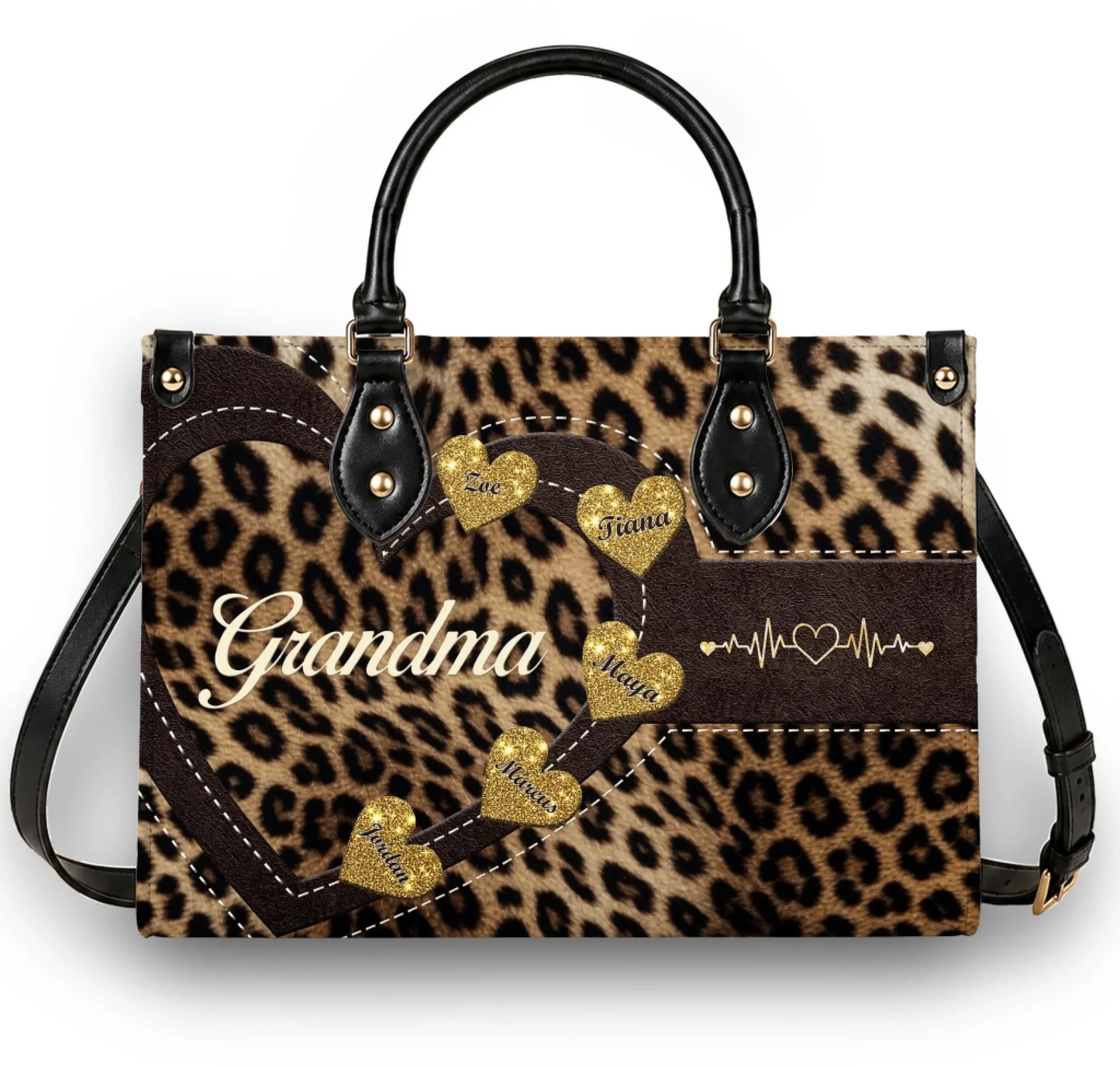 Custom leopard print handbag for grandma with gold heart accents displaying names and a heartbeat symbol design.