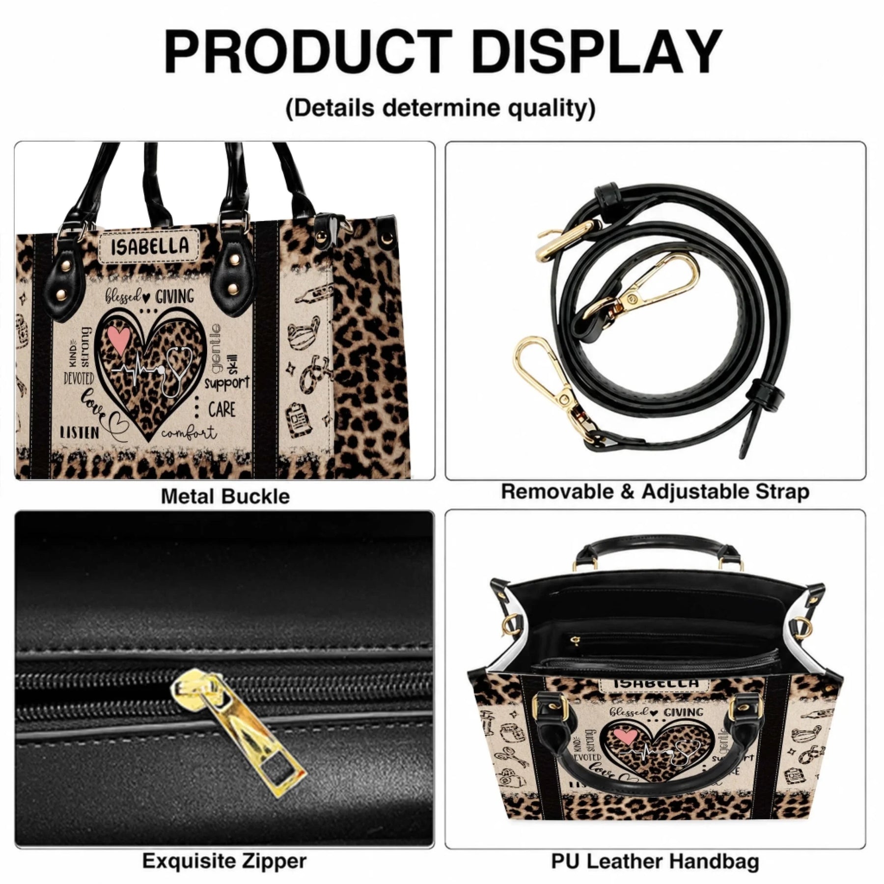 Product detail view showing a leopard print nursing handbag with metal buckles, adjustable straps, and a secure zipper closure.