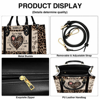Product detail view showing a leopard print nursing handbag with metal buckles, adjustable straps, and a secure zipper closure.