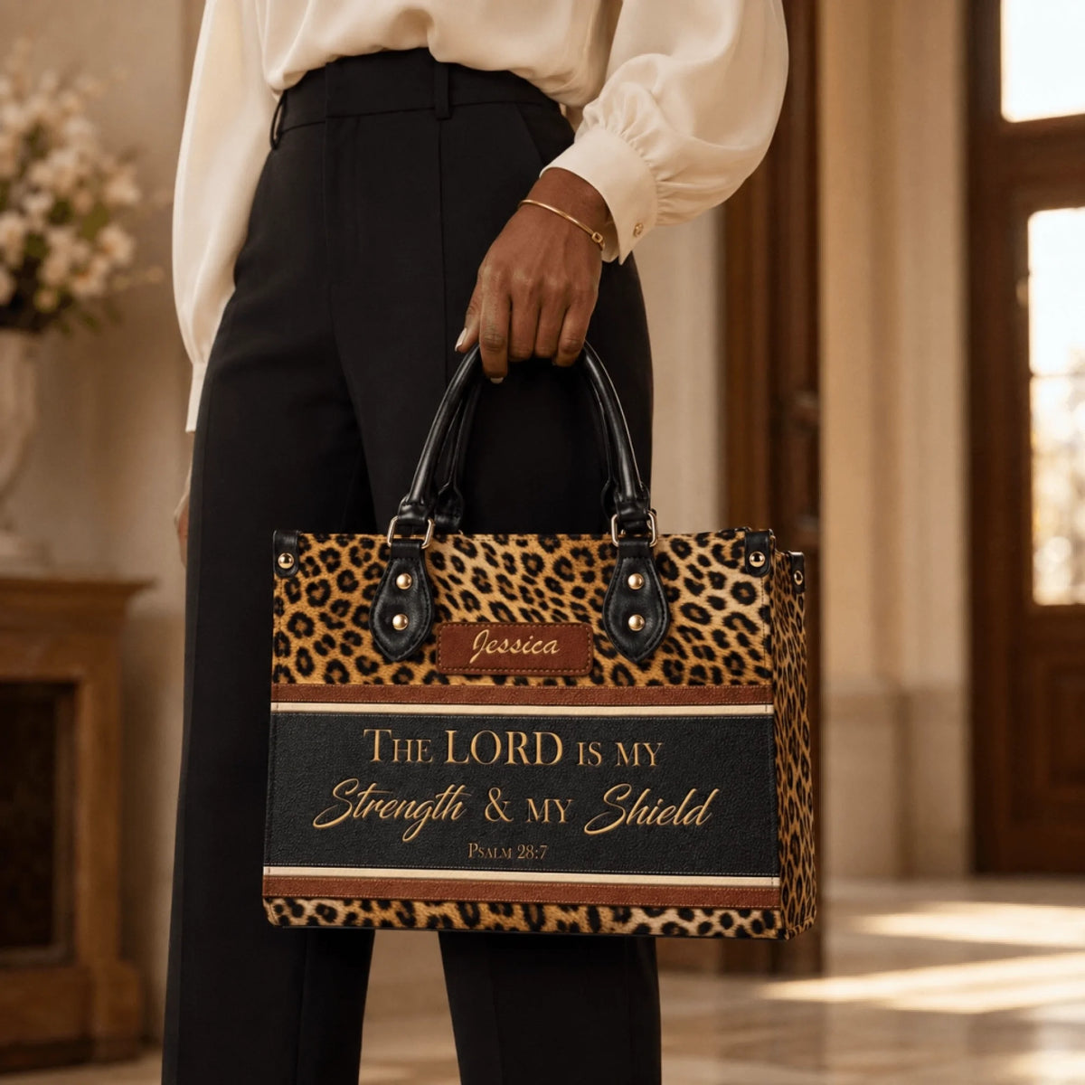 Personalized leopard print tote bag featuring Psalm 28 7 quote and custom name for a stylish Christian gift.