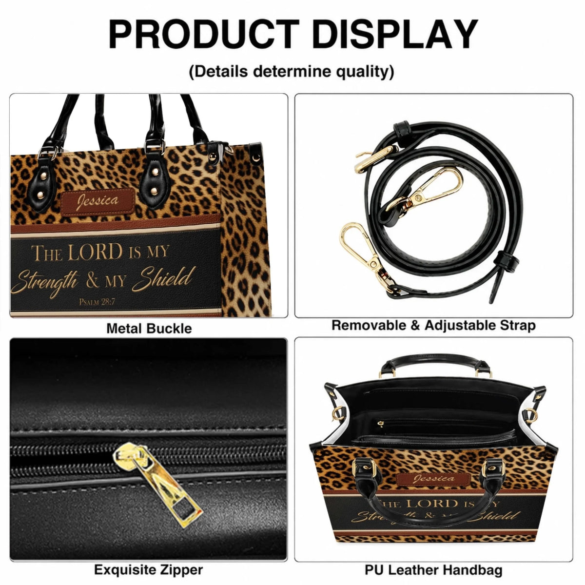 Personalized PU leather handbag with leopard print featuring The Lord Is My Strength and My Shield quote and custom name.