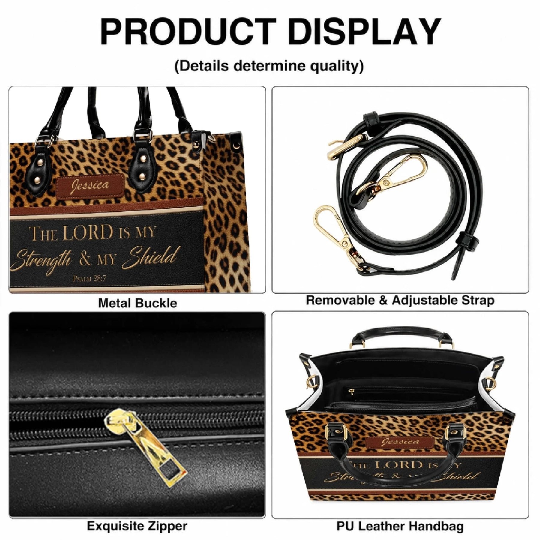 Personalized PU leather handbag with leopard print featuring The Lord Is My Strength and My Shield quote and custom name.
