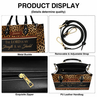 Personalized PU leather handbag with leopard print featuring The Lord Is My Strength and My Shield quote and custom name.