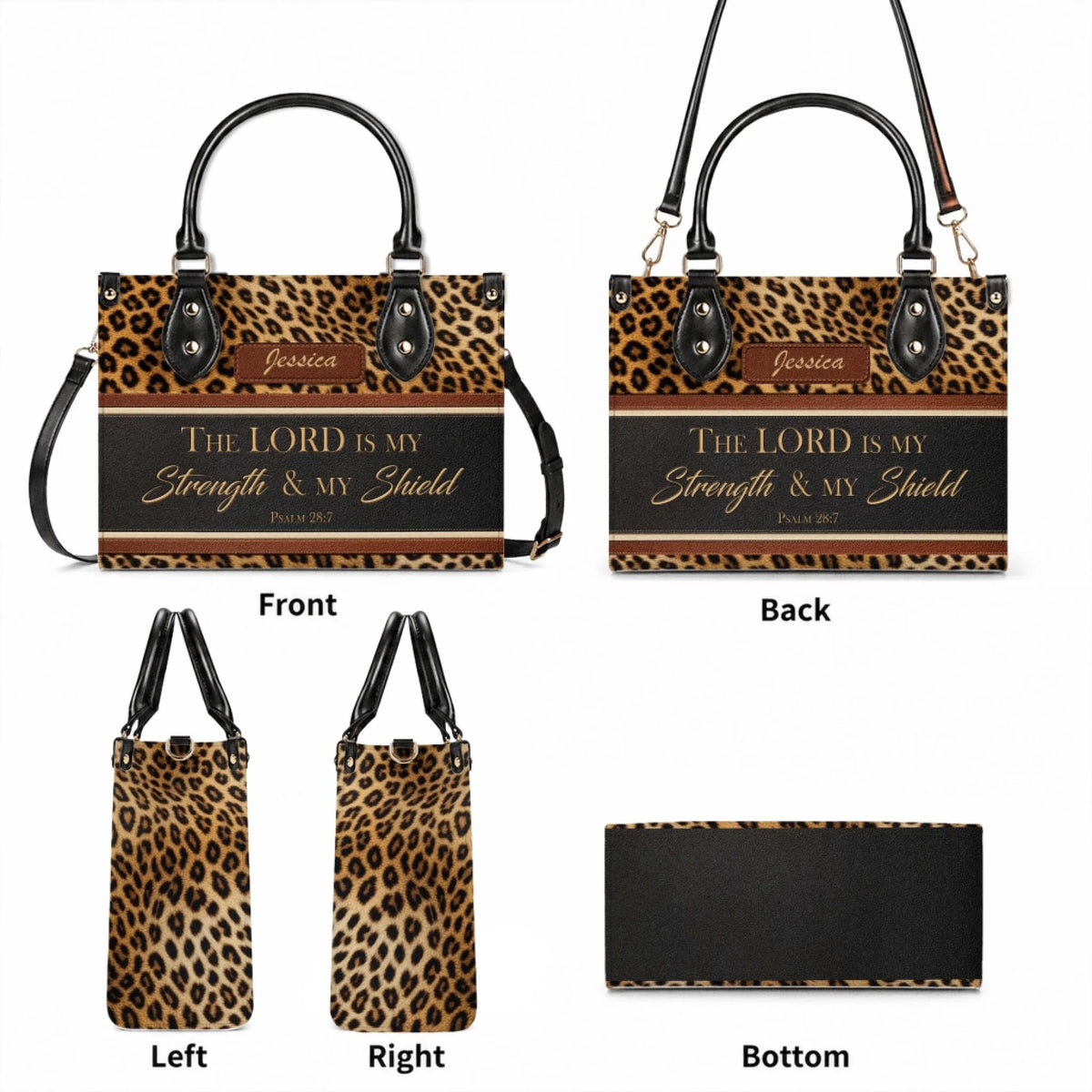 Product view of a custom leopard print tote bag showing front back side and bottom angles with strap details.