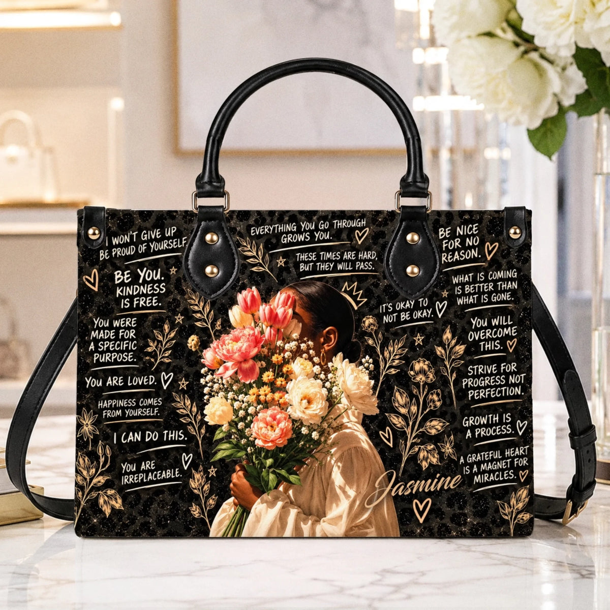 Stylish leopard print tote bag with a floral woman illustration and uplifting quotes, perfect for a personalized gift.