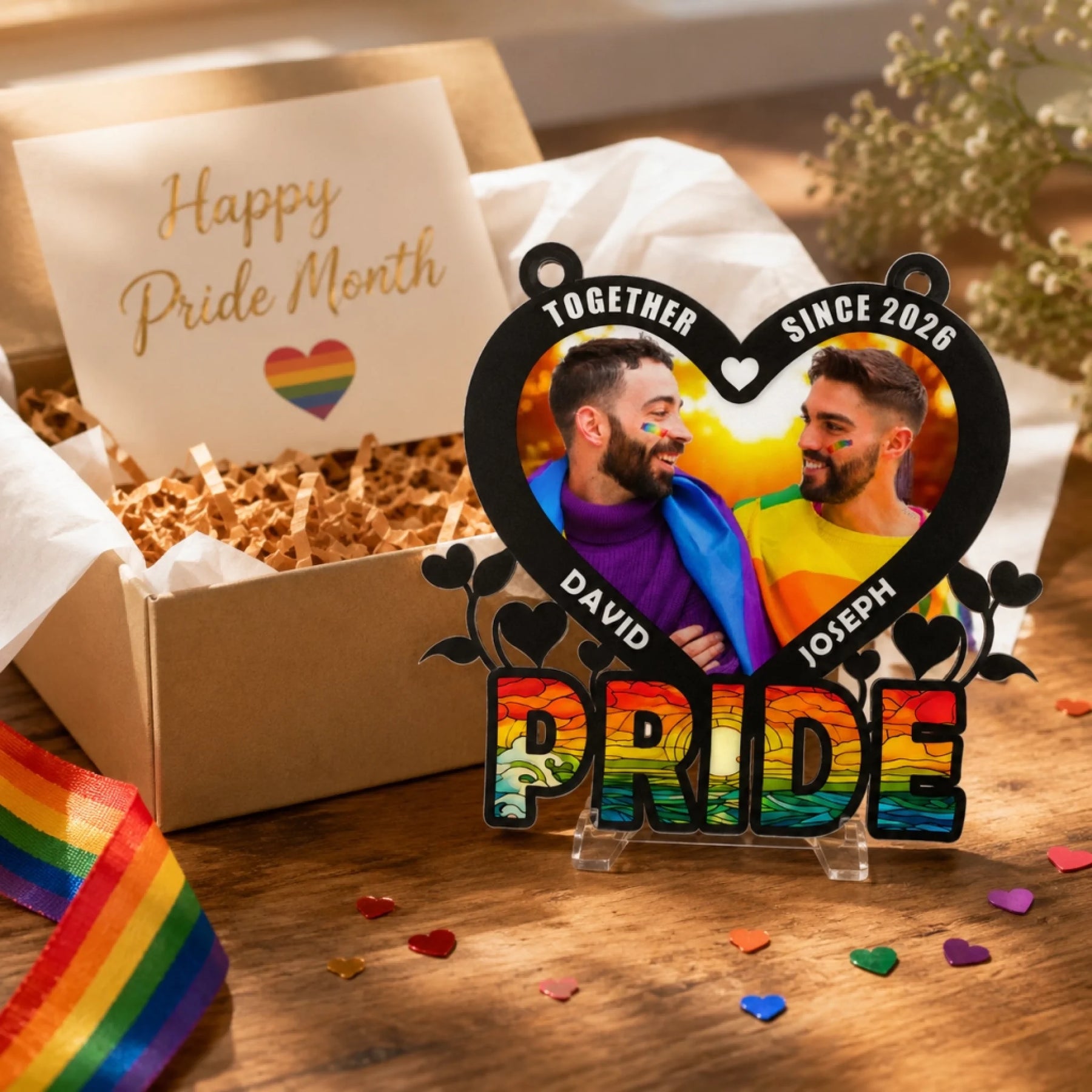 Lesbian couple personalized suncatcher with names and year – Pride Month gift