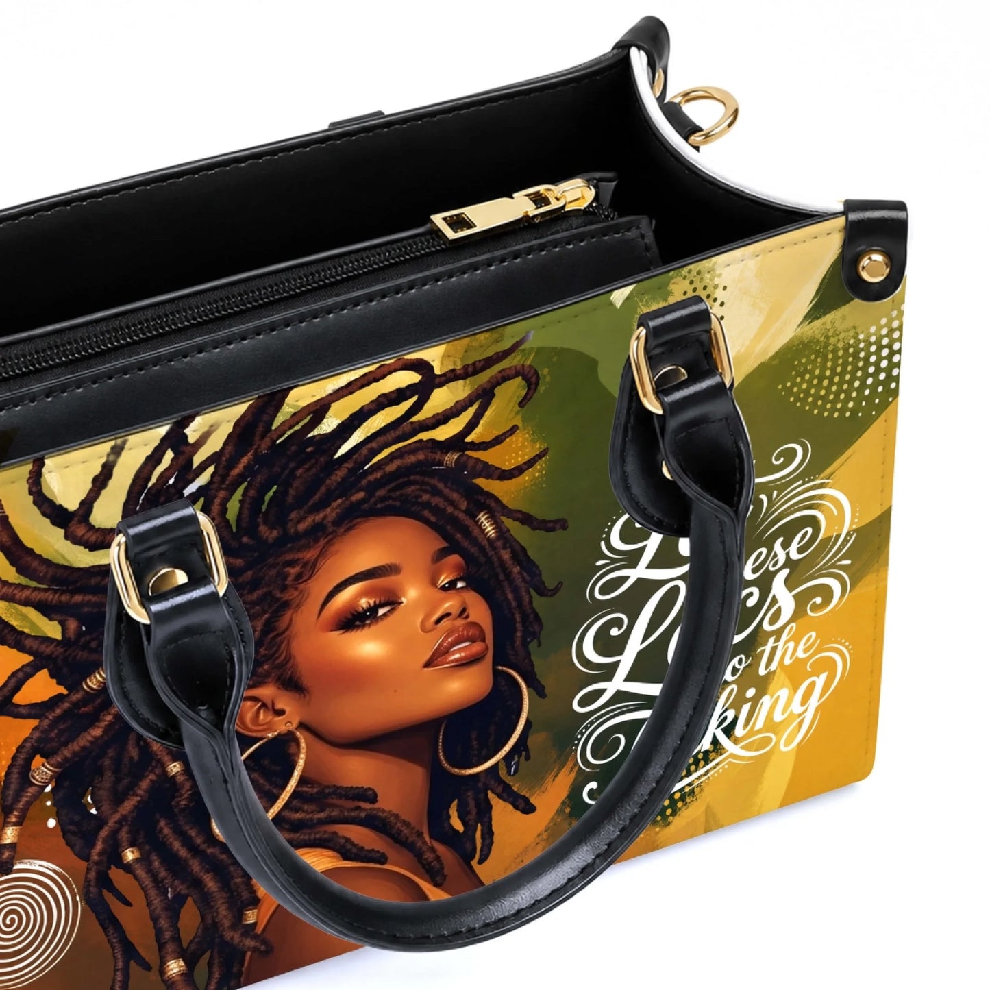 A stylish PU leather handbag featuring a beautiful illustration of a woman with locs and the quote Let these Locs do the Talking.