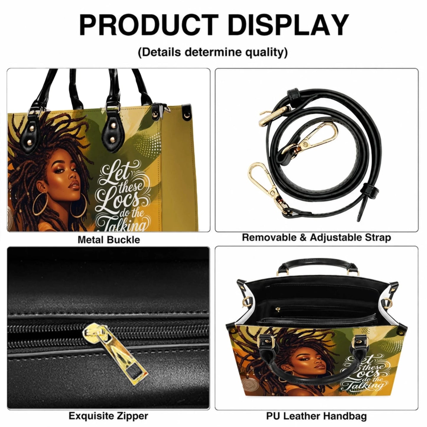 Features of our custom print PU leather handbag including metal buckles, adjustable straps, quality zipper, and size options.