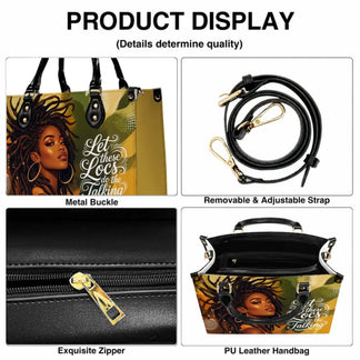 Features of our custom print PU leather handbag including metal buckles, adjustable straps, quality zipper, and size options.