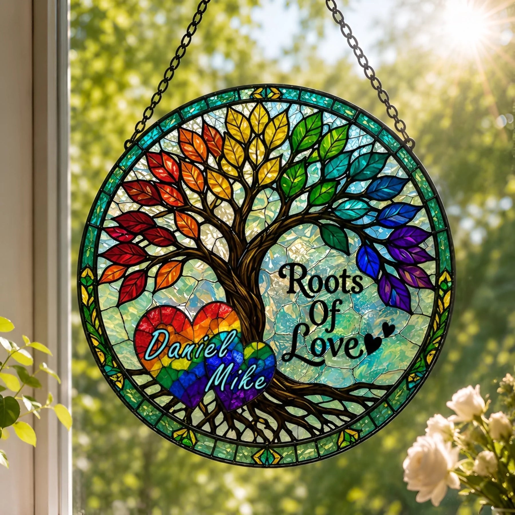 LGBT Couple Personalized Suncatcher with Rainbow Heart and Custom Names – Pride Month Gift