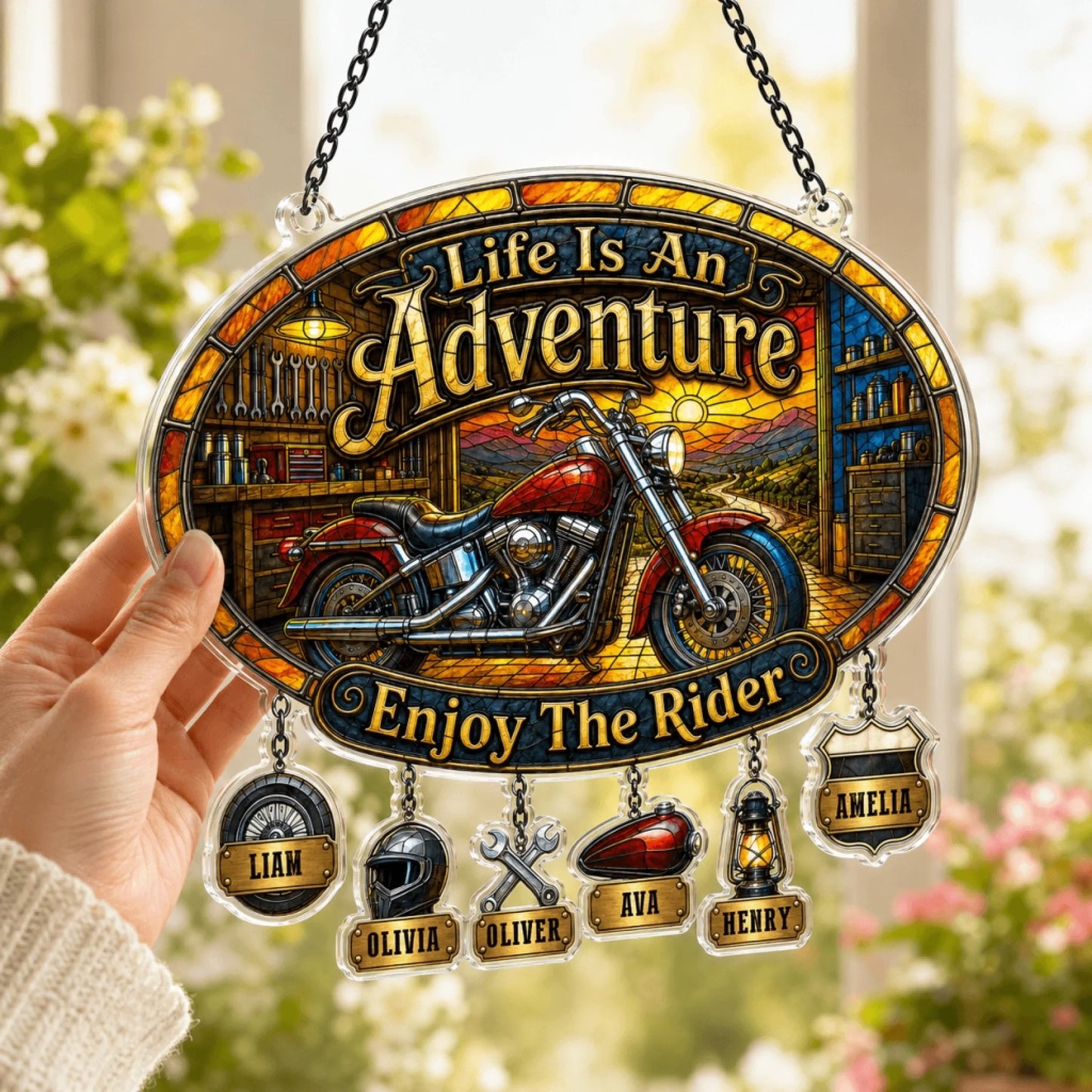 Life Is An Adventure acrylic suncatcher window decor for motorcycle lovers