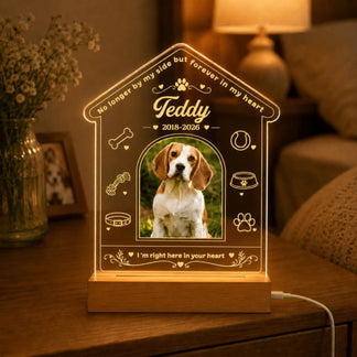 A warm-glowing, custom-engraved acrylic memorial lamp shaped like a house, featuring a dog photo and paw prints.