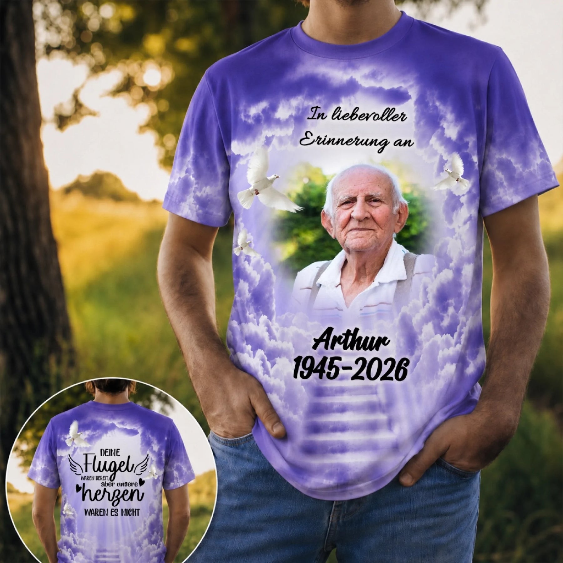 Lila personalisiertes T-Shirt zur Trauerbewaeltigung mit dem Foto von Arthur, Lebensdaten und bewegendem Spruch ueber den Verlust eines geliebten Menschen.