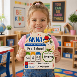 A young girl holding a personalized wooden first day of school sign featuring her name, age, and grade level.