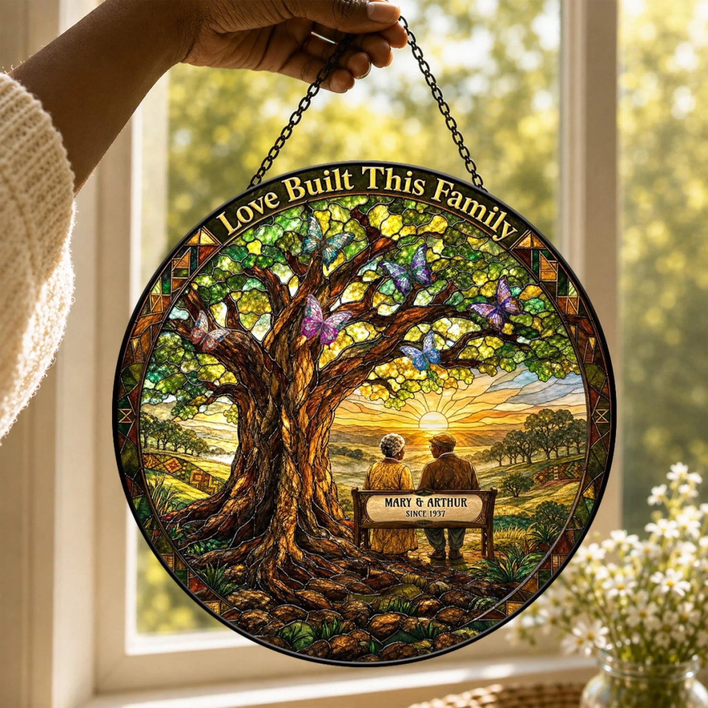 Personalized stained glass suncatcher featuring an elderly couple on a bench with the custom text Mary and Arthur since 1937.