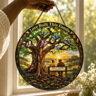 Personalized stained glass suncatcher featuring an elderly couple on a bench with the custom text Mary and Arthur since 1937.